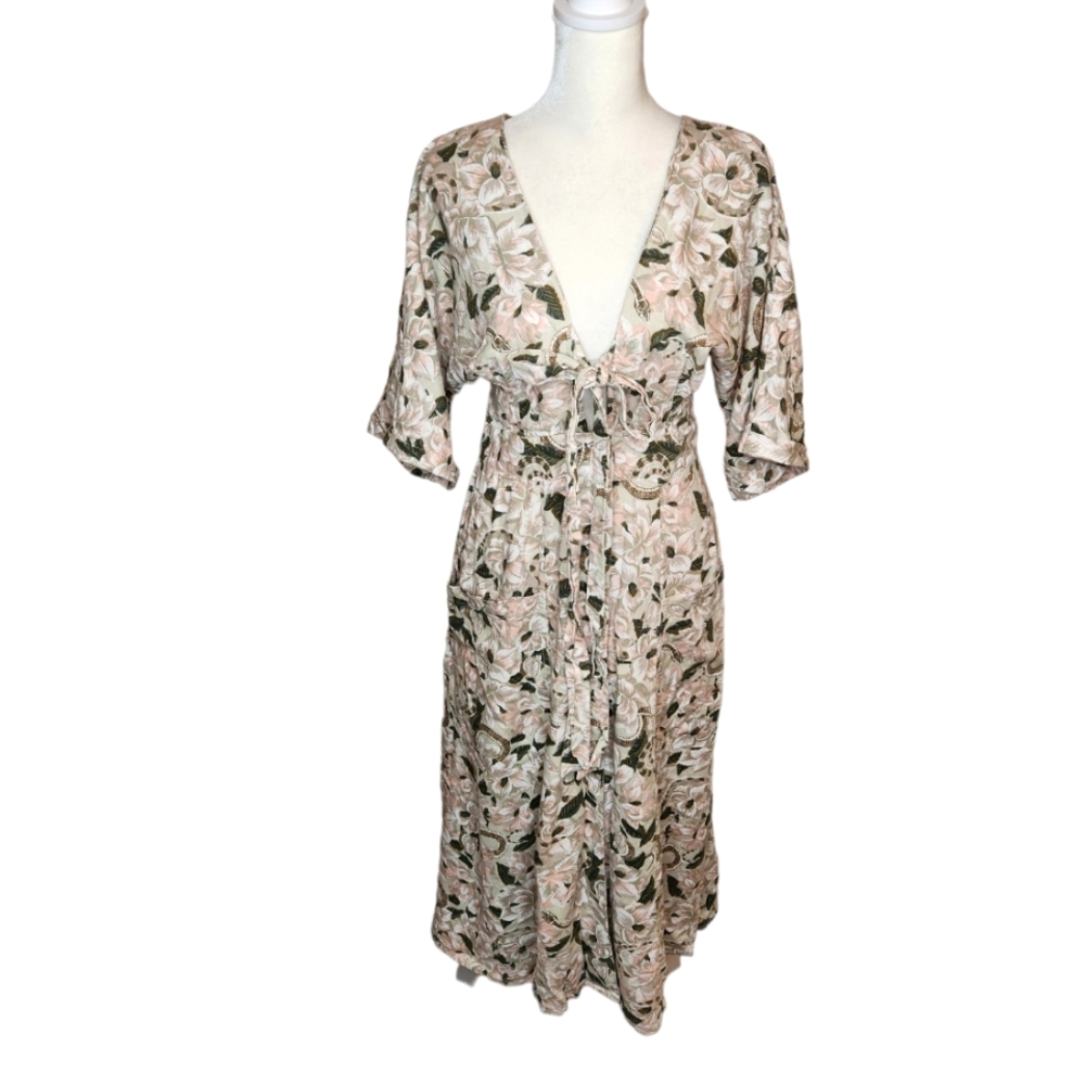 Happy X Nature Garden of Eden Serene Midi Dress Linen Blend Floral Snakes